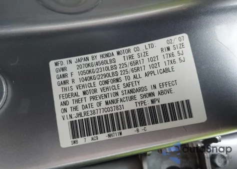 2007 Honda Cr-V Ex-L from USA, damaged, VIN JHLRE38777C037831